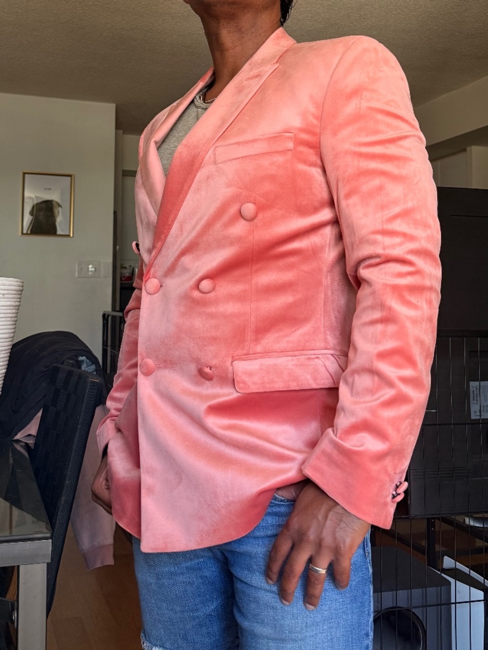 Velvet-look Dusty Pink Double-Breasted Blazer